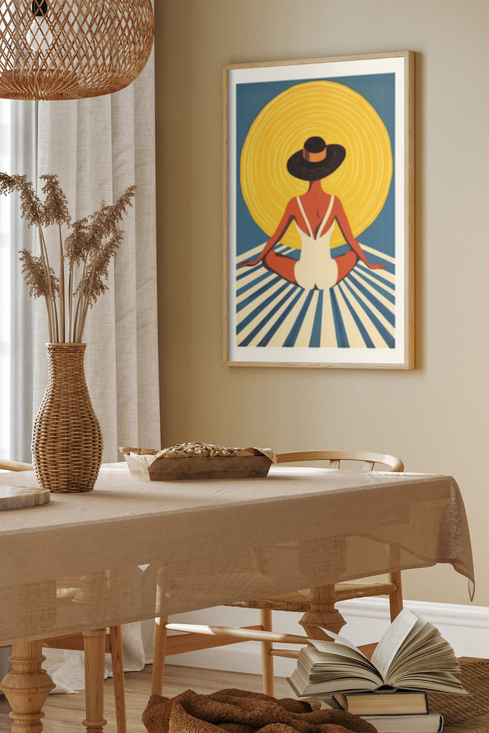 Vintage poster of a woman in a sun hat sitting on a beach, decorative artwork for interior design