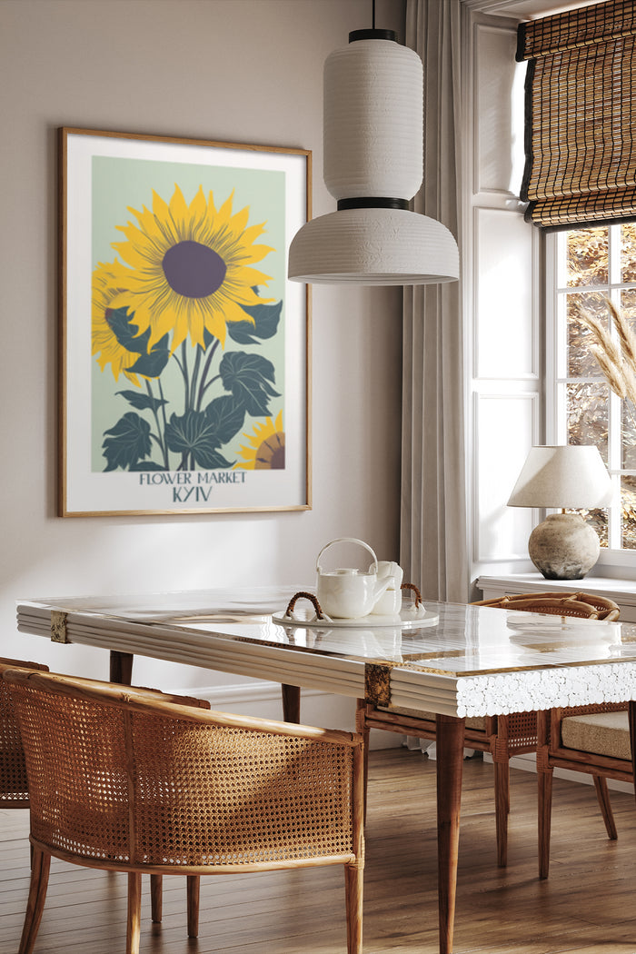 Vintage Sunflower Poster Advertisement for Kyiv Flower Market in Stylish Interior
