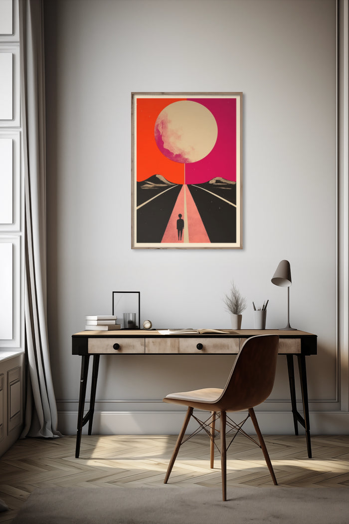 Vintage retro style sunset poster with silhouette of a person on a road framed on a wall