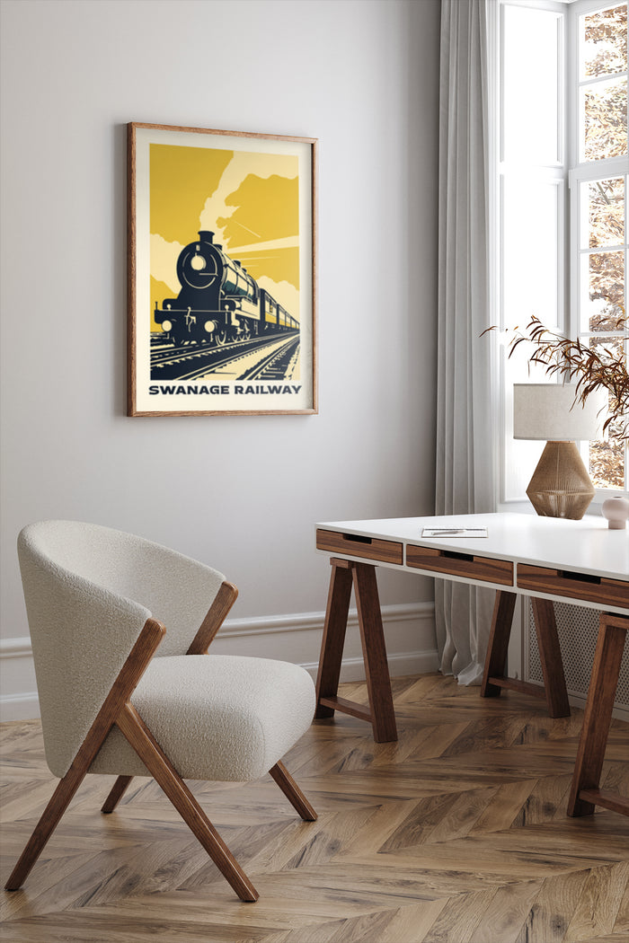 Vintage Swange Railway travel poster framed on a wall in a stylish room with modern furniture