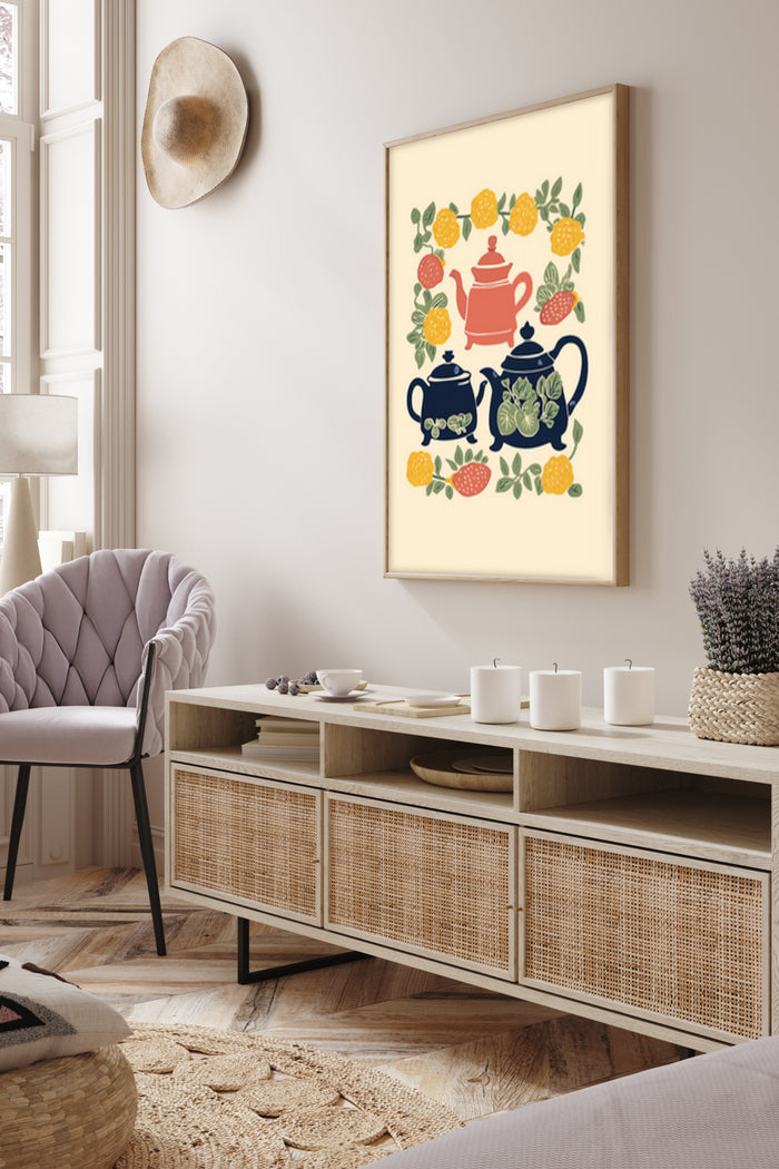 Vintage style poster with illustrated tea pots and citrus fruits in a cozy interior setting