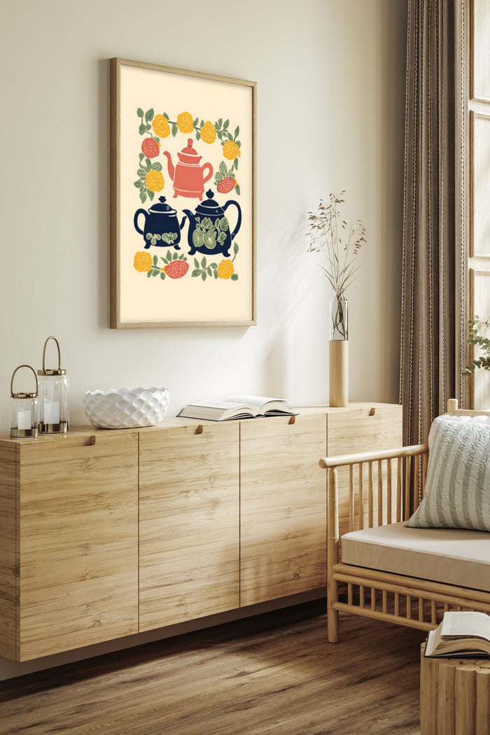 Vintage teapots surrounded by colorful fruit illustration artwork poster in modern home decor