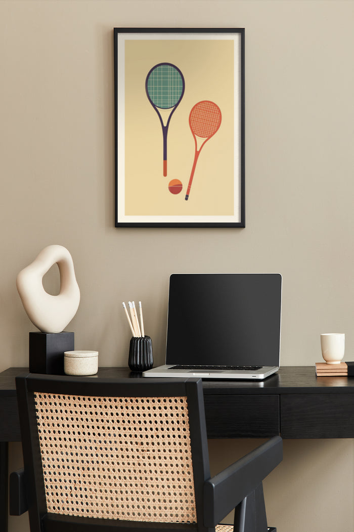 Retro style poster of tennis and badminton rackets with ball and shuttlecock in home office