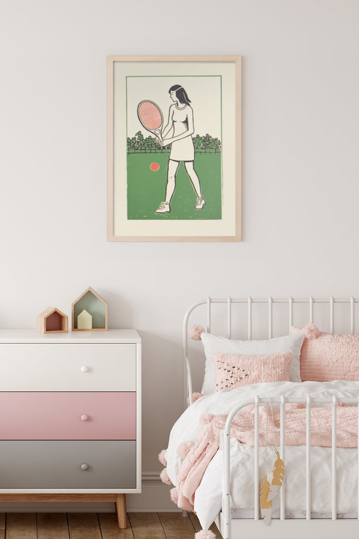 Vintage Tennis Player Artwork Poster framed on bedroom wall