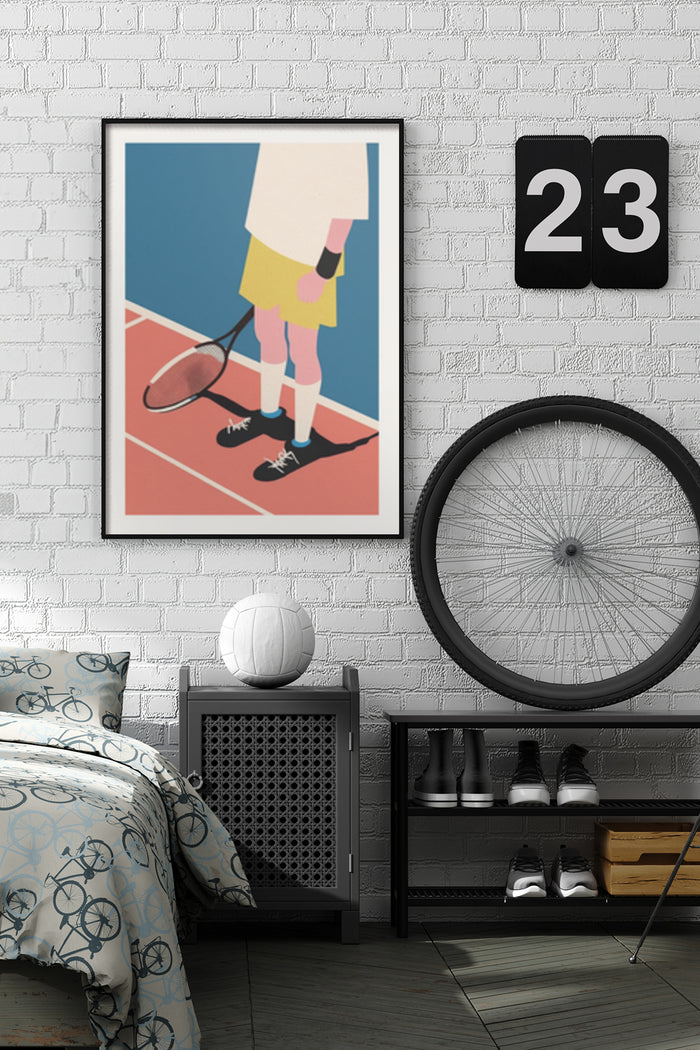 Vintage style tennis player poster in a minimalistic bedroom interior with brick wall and modern decor