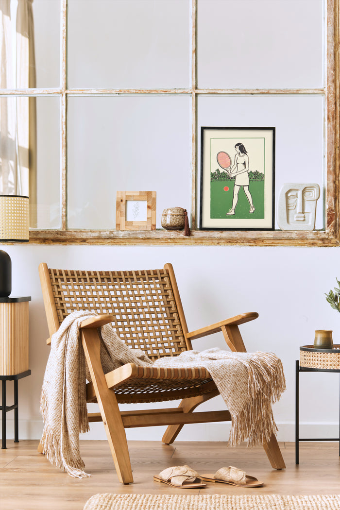 Vintage style tennis poster framed on a wall in a stylish modern interior setting with wicker chair and cozy blanket