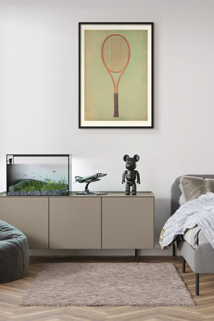 Vintage Tennis Racket Poster within a Modern Living Room Setting
