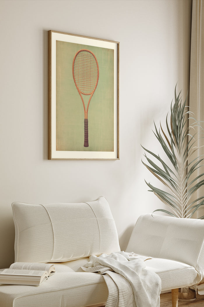 Vintage style tennis racket poster framed on living room wall beside a cozy couch with decorative pillows and plant