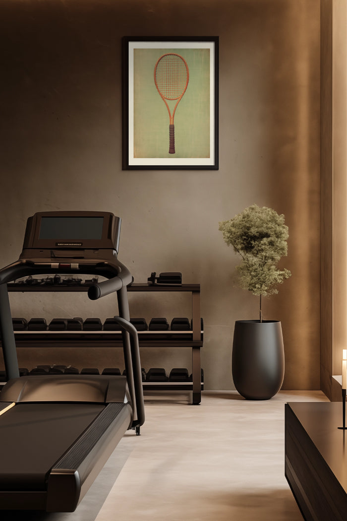 A vintage tennis racket poster displayed on a wall in a modern home gym setting