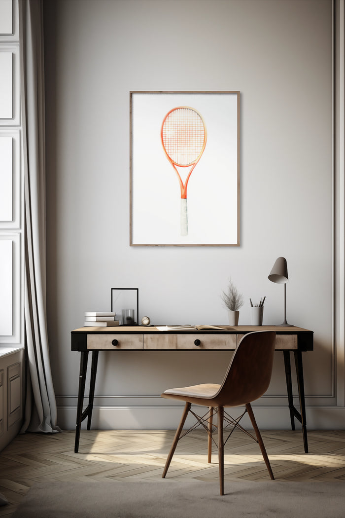 Elegant home office with a framed vintage tennis racket poster on the wall
