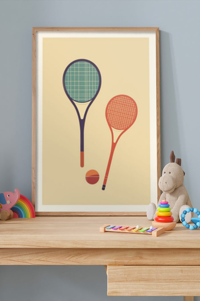 Retro style poster with illustration of vintage tennis racquets and ball in a modern kids' room setting