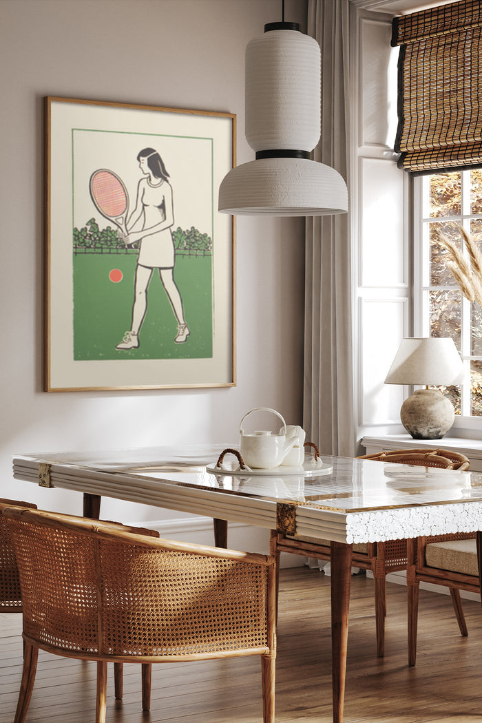 Vintage tennis-themed poster of a woman playing tennis in a stylish interior room