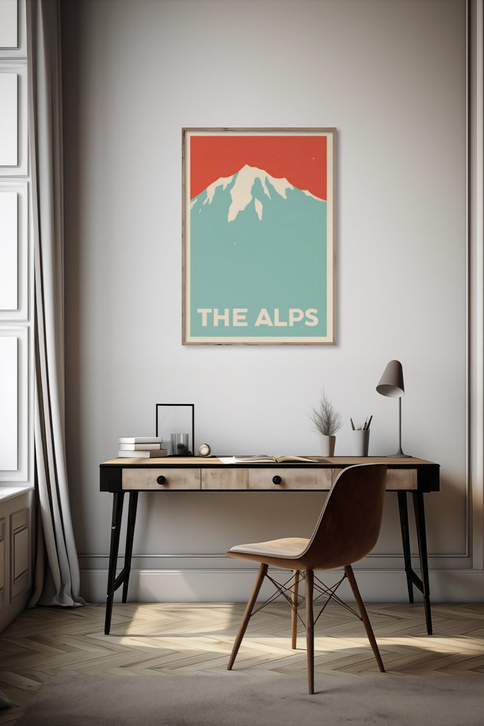 Vintage style poster of The Alps on wall in a contemporary workspace