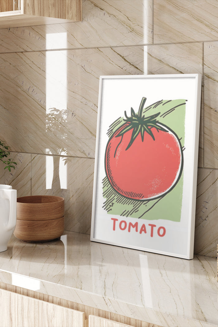 Vintage styled tomato advertisement poster framed in a modern kitchen setting