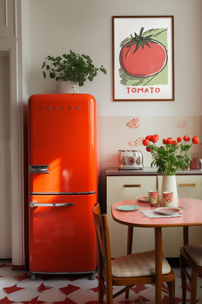Vintage tomato poster in a retro kitchen interior with orange fridge and red floral decor