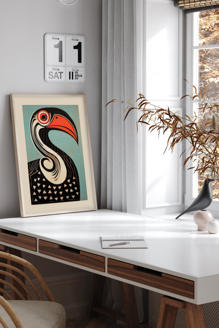 Vintage styled Toucan poster artwork in a modern home office setting
