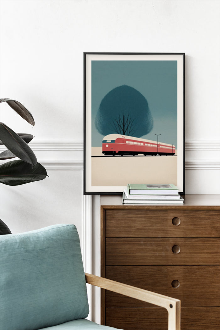 Vintage style poster of a red train with large tree shadow framed and hung on wall
