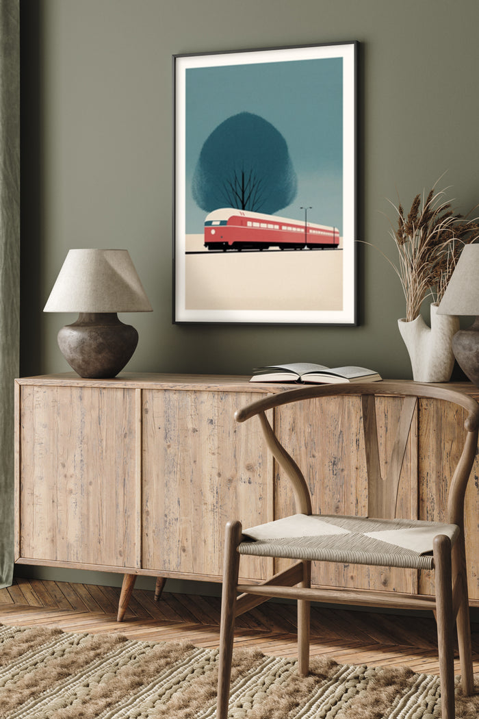 Vintage train travel poster in stylish interior setting with wood furniture and decorative home accents