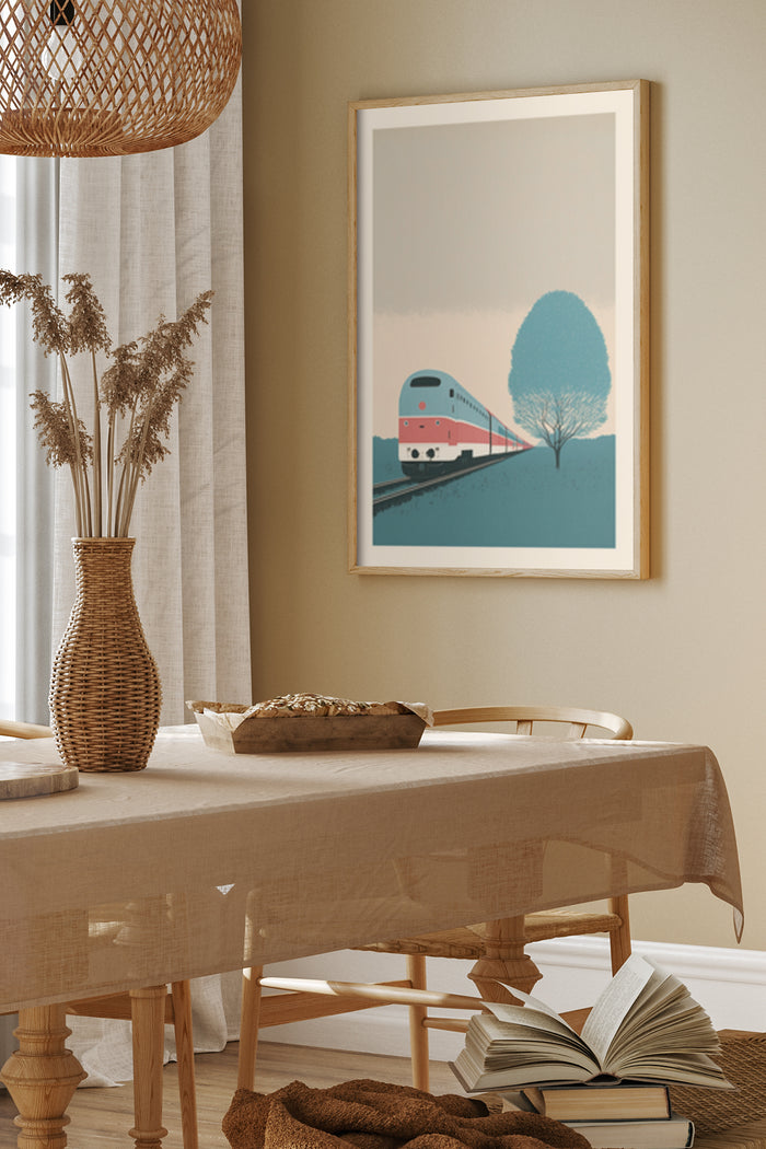 Vintage train illustration poster framed in a contemporary dining room setting
