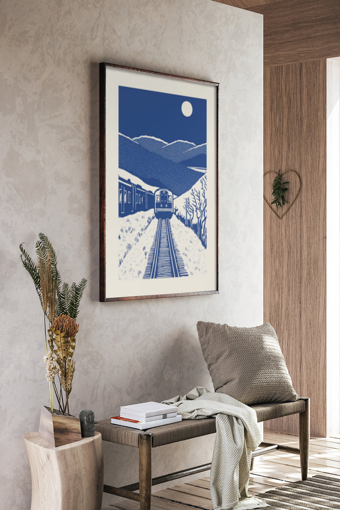 Vintage Train Poster with Blue Moonlight and Mountain Railway Illustration Hanging in Modern Room