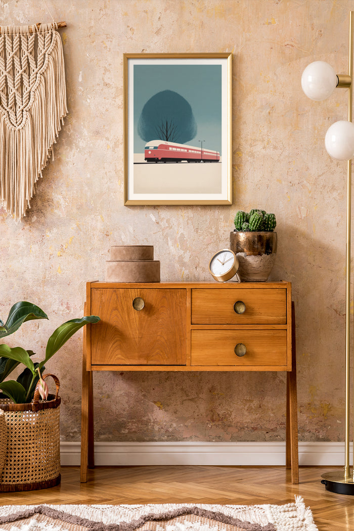 Vintage red train poster framed in stylish interior with textured wall and mid-century-modern sideboard with decorative elements