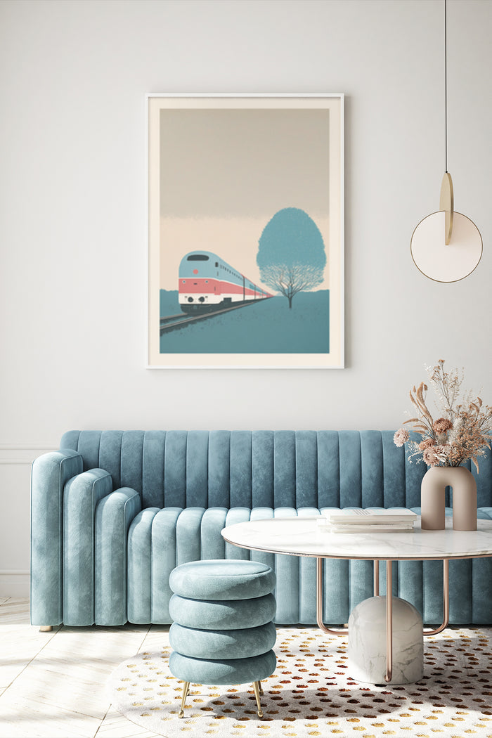 Minimalist vintage train and tree poster in modern living room interior