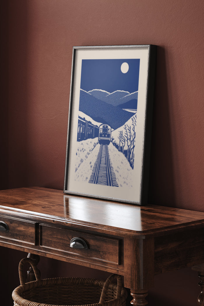 Vintage train poster with a blue and white color scheme featuring a moonlit mountain railway scene