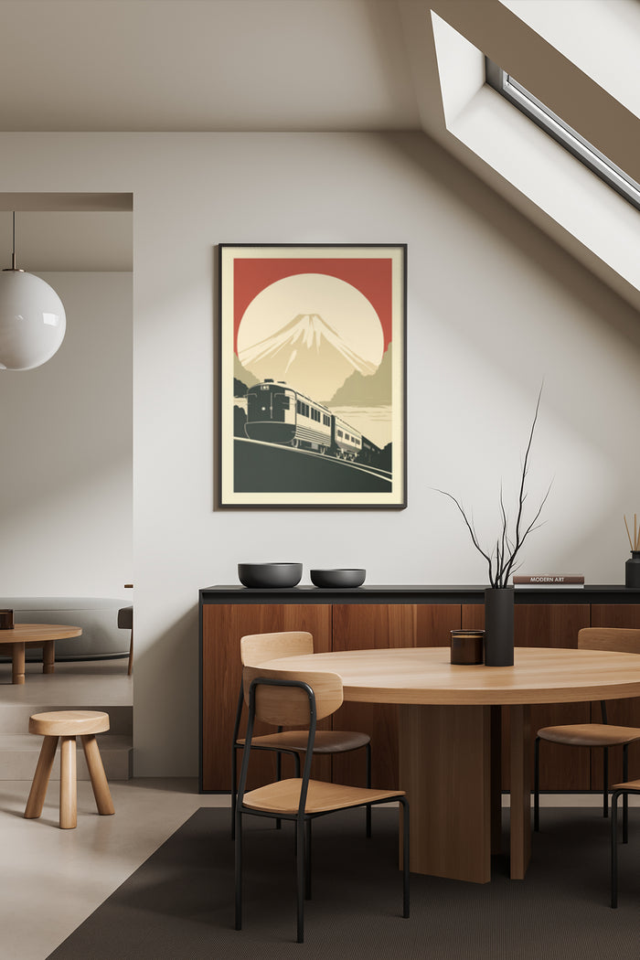 Retro style vintage train poster with Mount Fuji in background in modern dining room decor