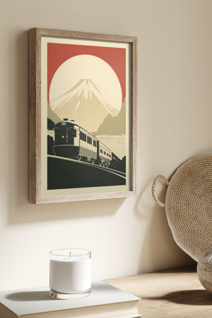 Vintage style poster of a classic train with Mount Fuji in the background in a wooden frame