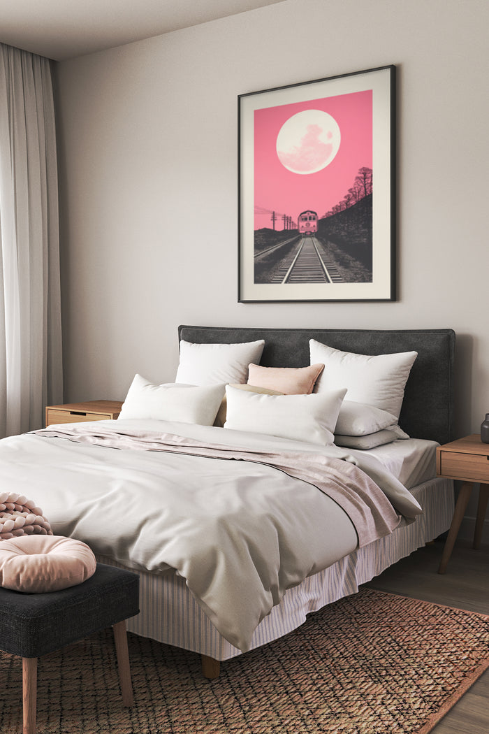 Retro style train poster with a large pink moon against a dusky sky, framed on a bedroom wall