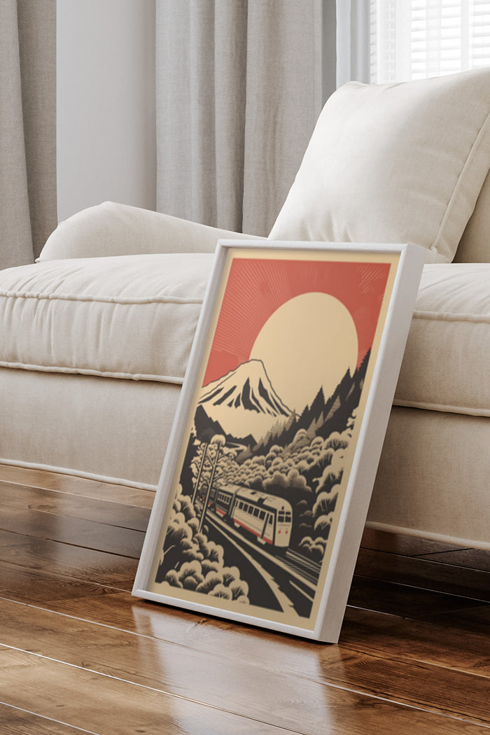 Vintage travel poster featuring a train journey with scenic mountain and rising sun in the background