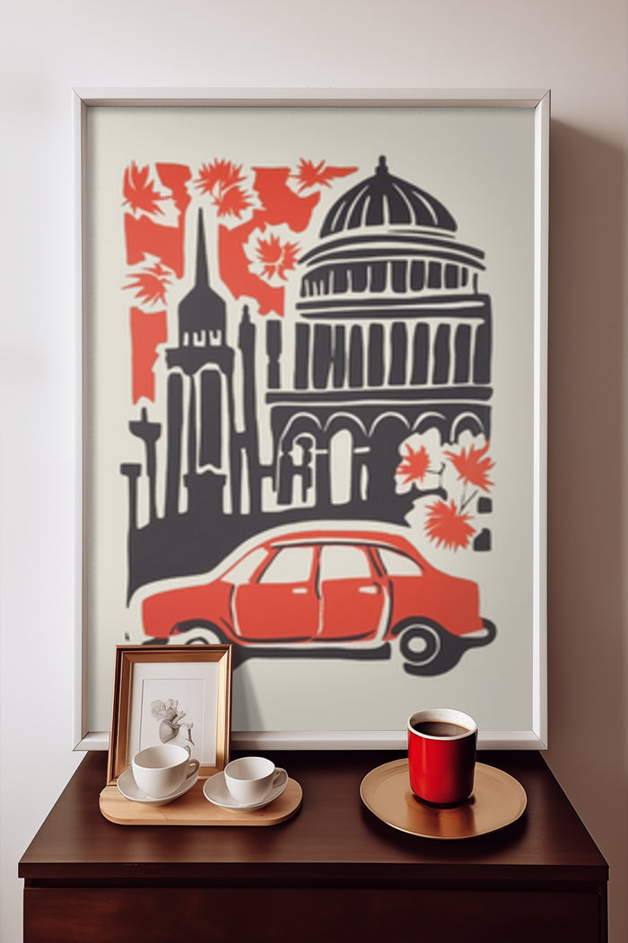 Stylized vintage travel poster featuring iconic city architecture and classic red car with autumn leaves