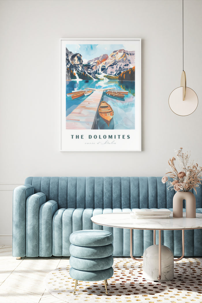 Vintage travel poster of The Dolomites with wooden boats and mountains in Italy, hung on wall above blue sofa