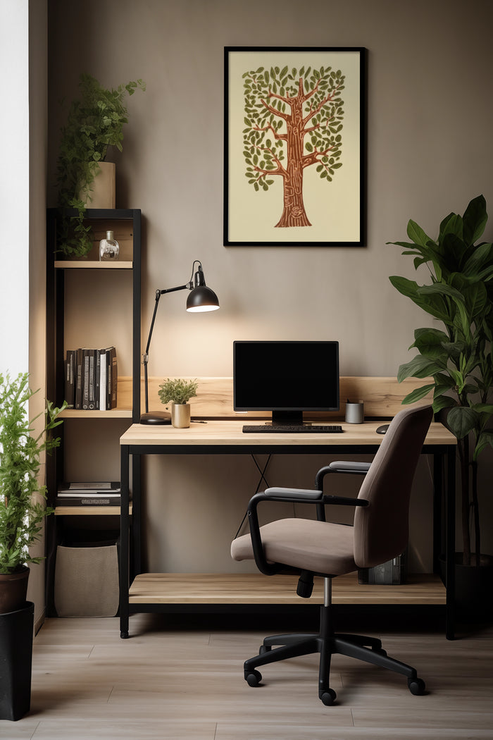 Vintage tree artwork in poster frame on home office wall with modern desk and chair