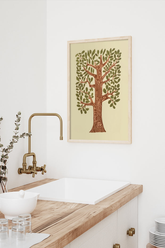 Vintage style tree poster with brown and green colors artfully displayed in a modern interior above a bathroom sink
