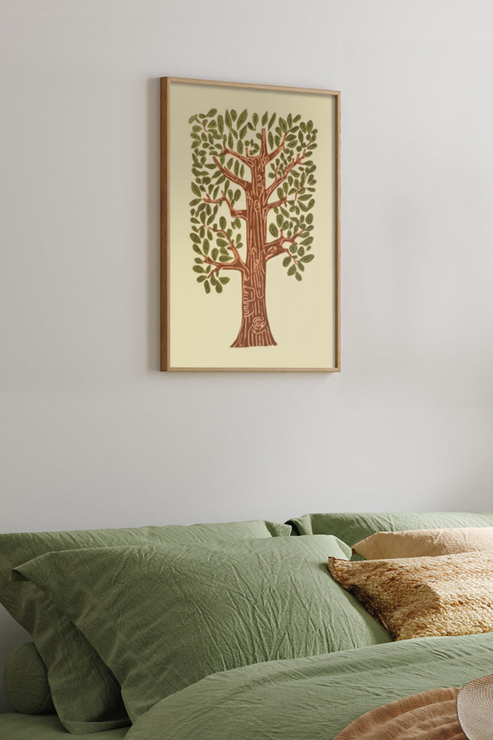 Vintage styled tree artwork in a framed poster above a green bedspread in a cozy bedroom setting