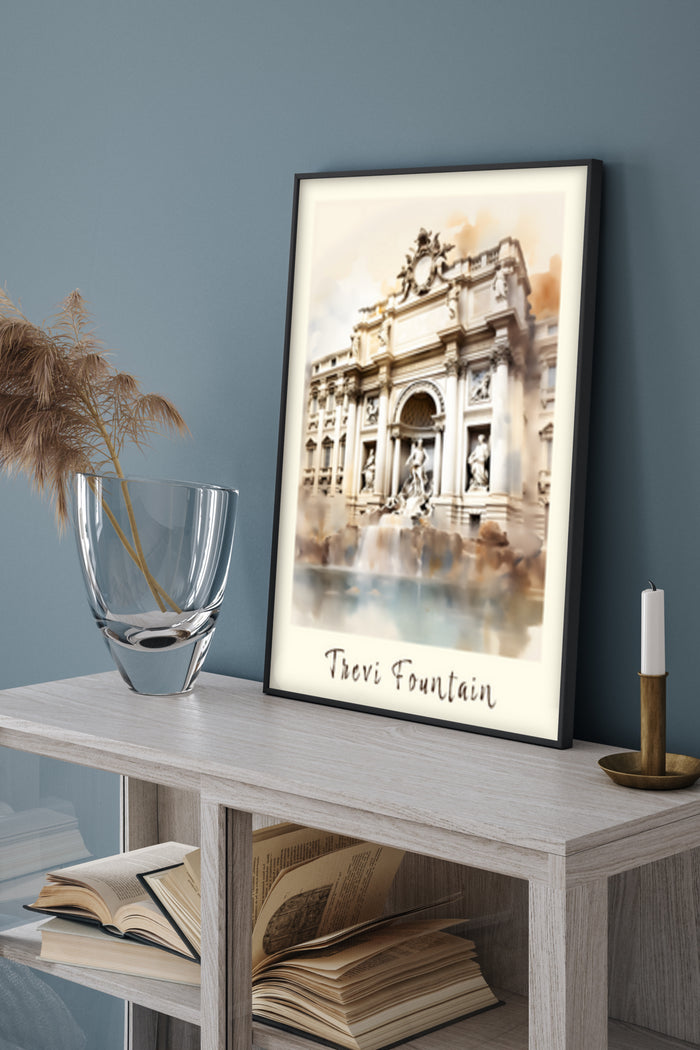 Vintage style poster of Trevi Fountain on display