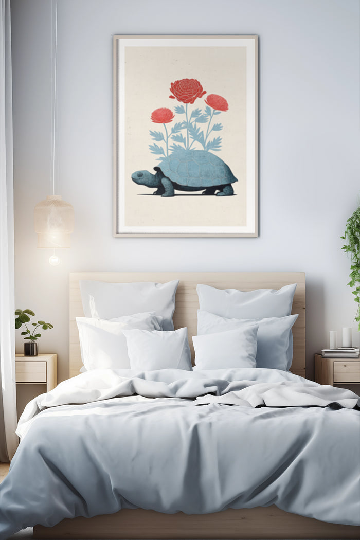 Vintage Turtle with Roses Illustration Art Poster in Bedroom Decor Setting