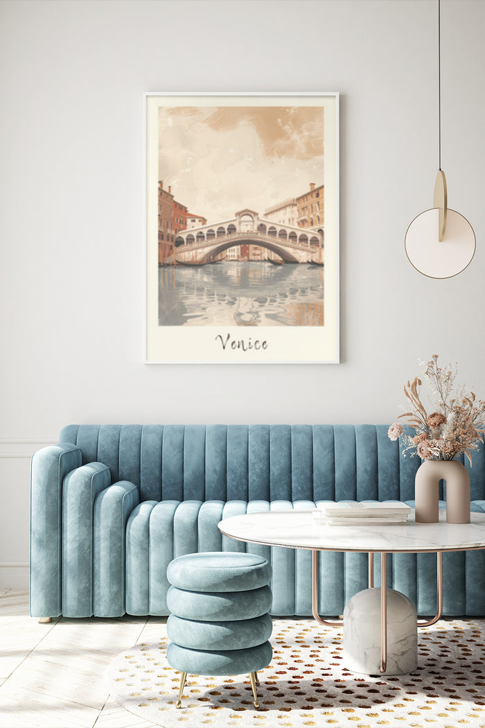 Elegant vintage travel poster of Venice with iconic bridge view displayed in a stylish interior