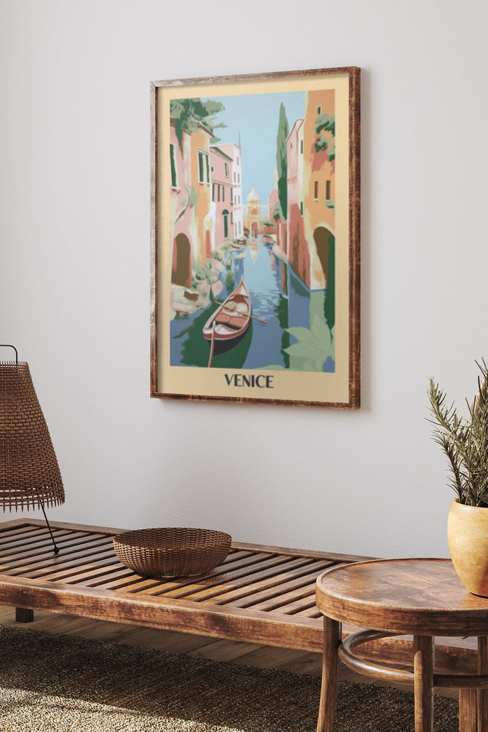 Vintage travel poster with a depiction of Venice, including gondola and canal scene, on a home wall