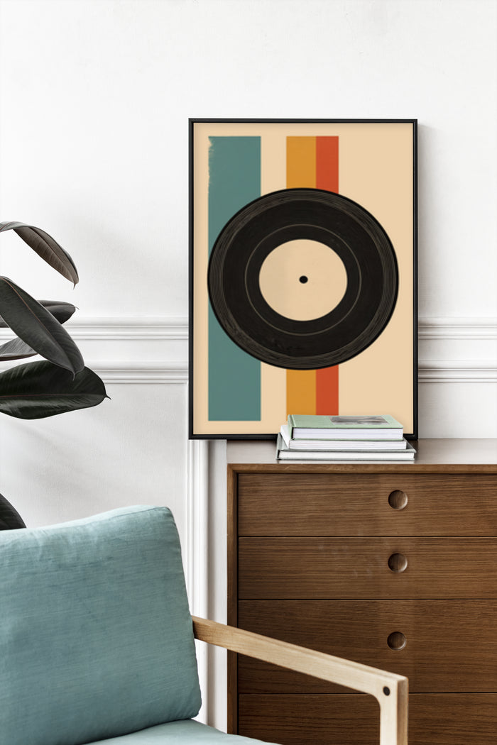 Vintage vinyl record design poster art in modern interior setting