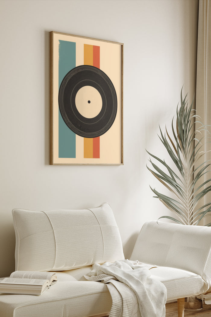 Vintage style vinyl record poster hanging on wall above white sofa in contemporary living room