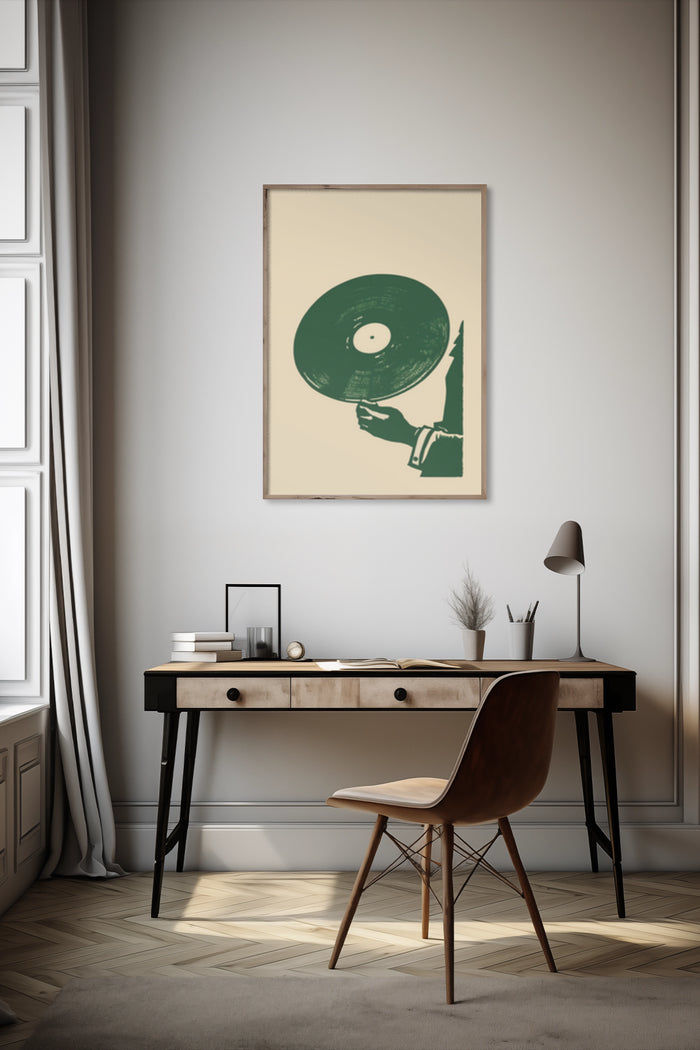 Vintage vinyl record poster hanging on a wall over a stylish contemporary writing desk in an elegant interior