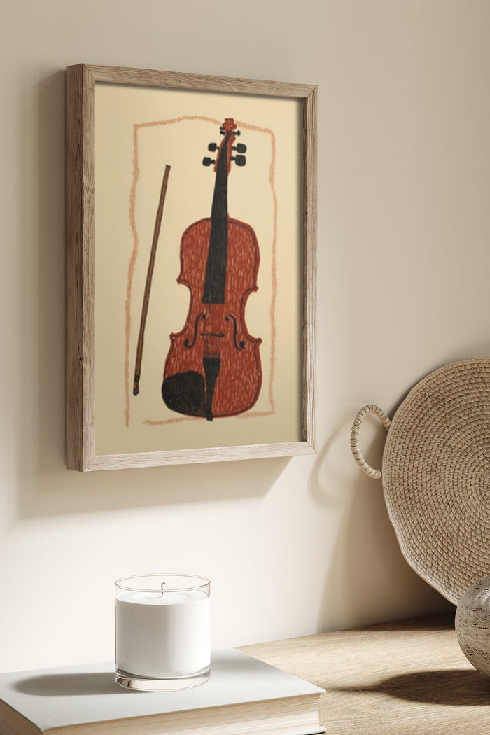 Framed vintage-style poster of a violin and bow in a modern home interior