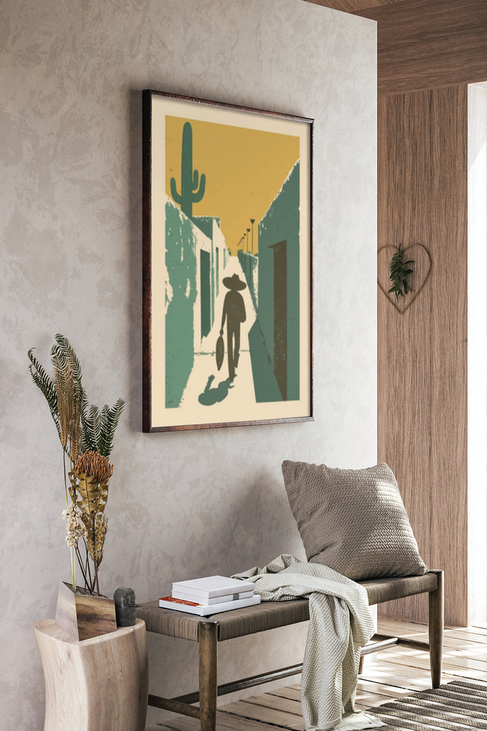 Vintage Western Cowboy Poster with Cactus Illustration in Home Decor Setting