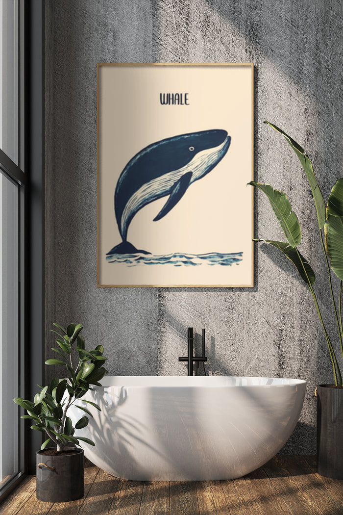 Vintage Whale Illustration Poster in Modern Bathroom Interior
