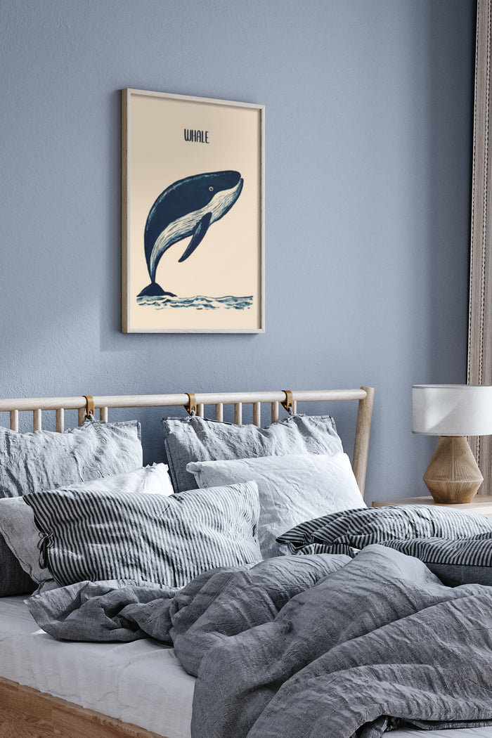 Vintage Whale Illustration Poster in Bedroom Wall Decor Setting