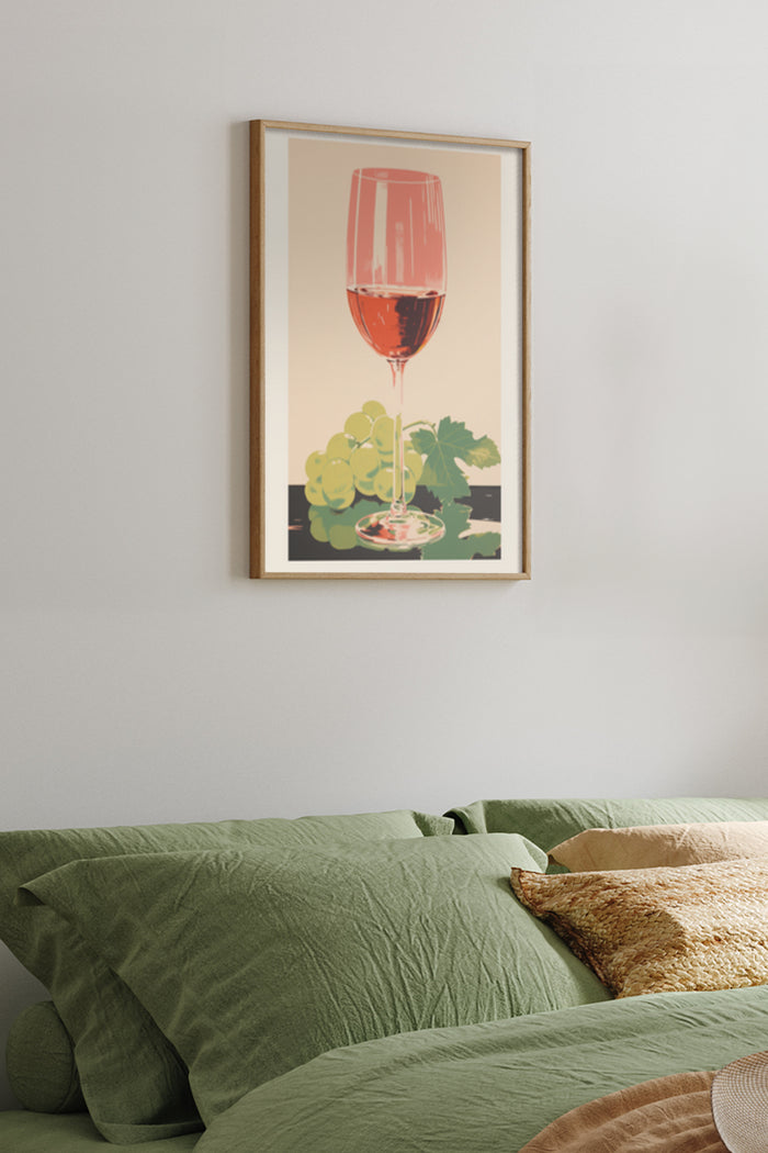 Vintage style poster art of a wine glass with grapes ideal for bedroom decor