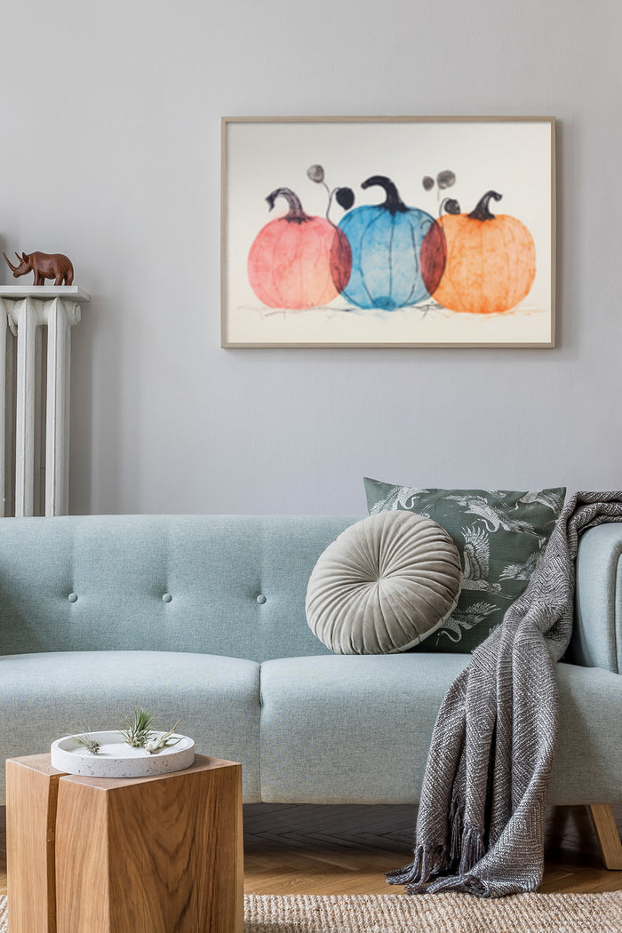 Abstract watercolor painting of stylized pumpkins in red, blue, and orange hues, displayed above a sofa in a modern living room setting.