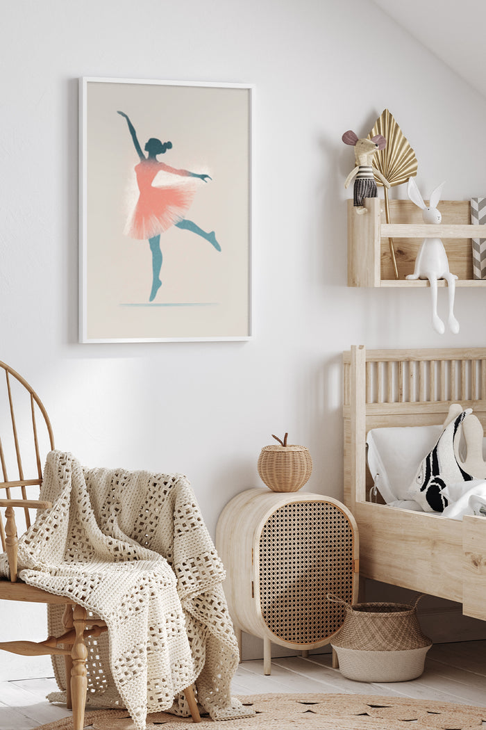 Watercolor ballerina poster framed on a wall in a stylish modern home decor setting